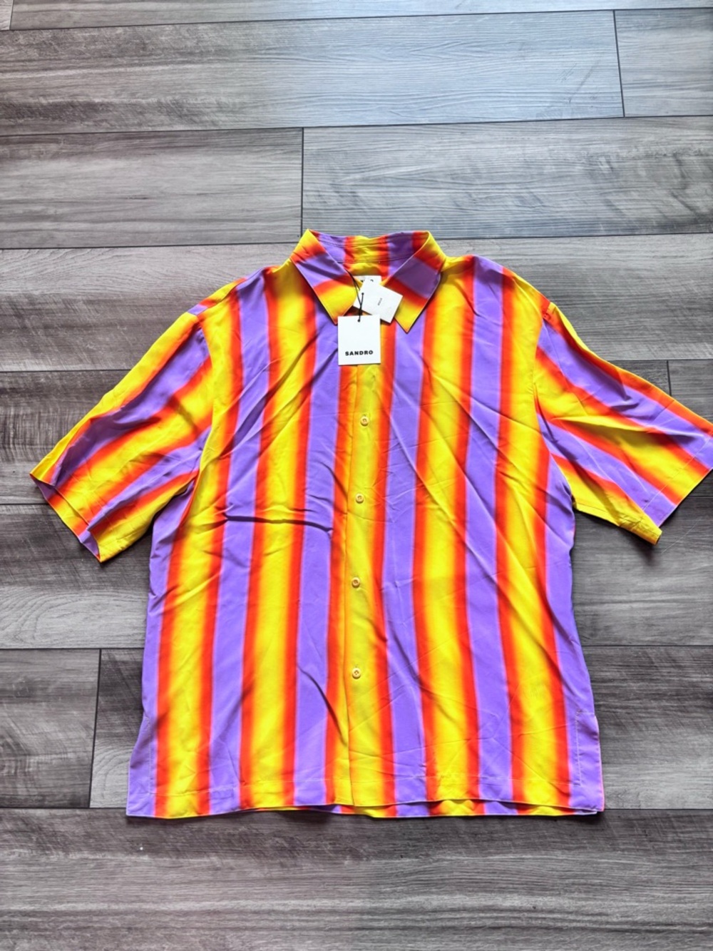 Sandro Men’s Short-Sleeve Striped Button-Up Shirt - Purple & Yellow